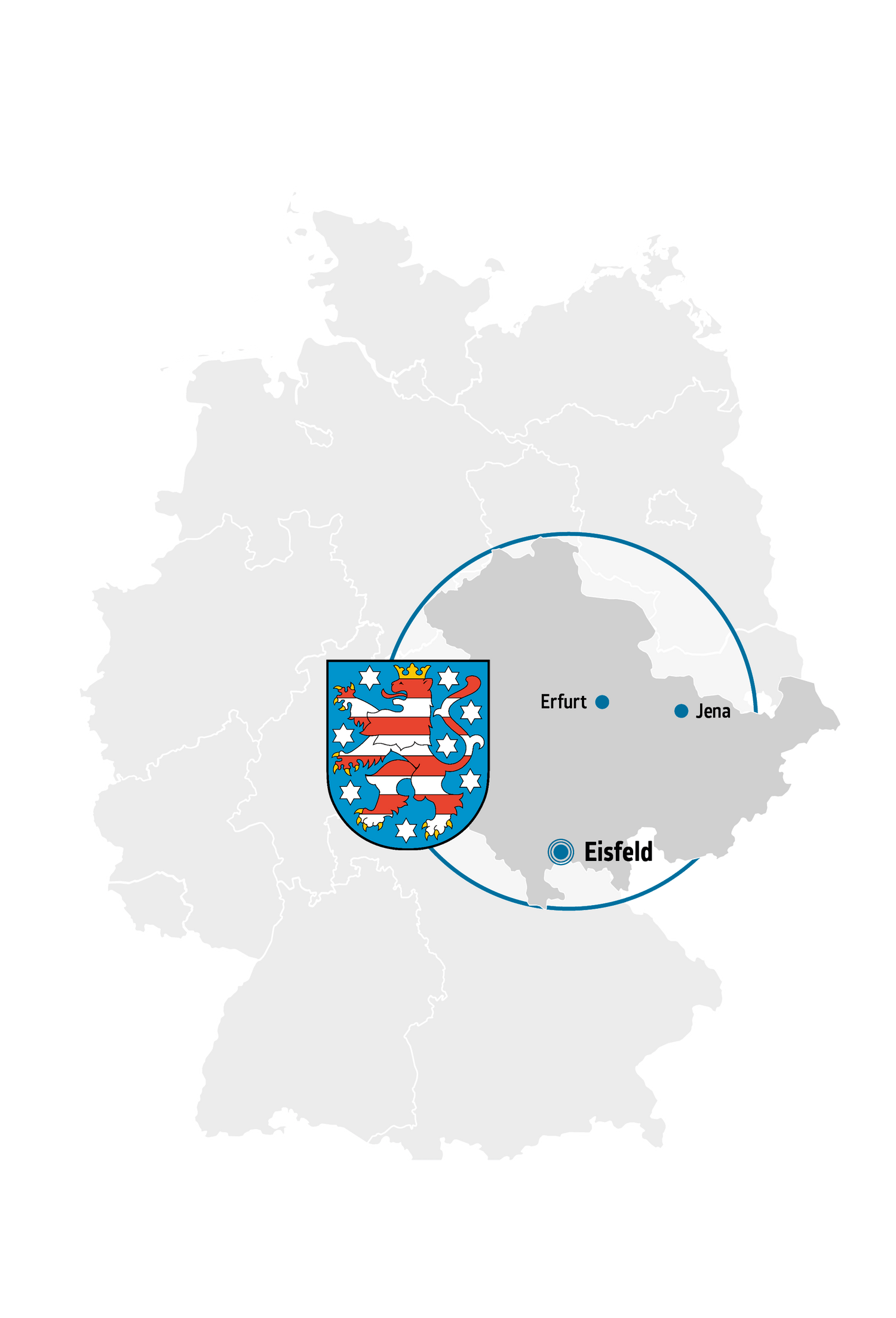 Deutschlandkarte mit Kennzeichnung von Thüringen, Eisfeld, Erfurt und Jena